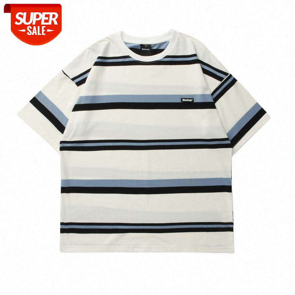 

Lazy style color matching striped short-sleeved T-shirt men's street loose round neck five-point sleeve half #uH2N, White;black