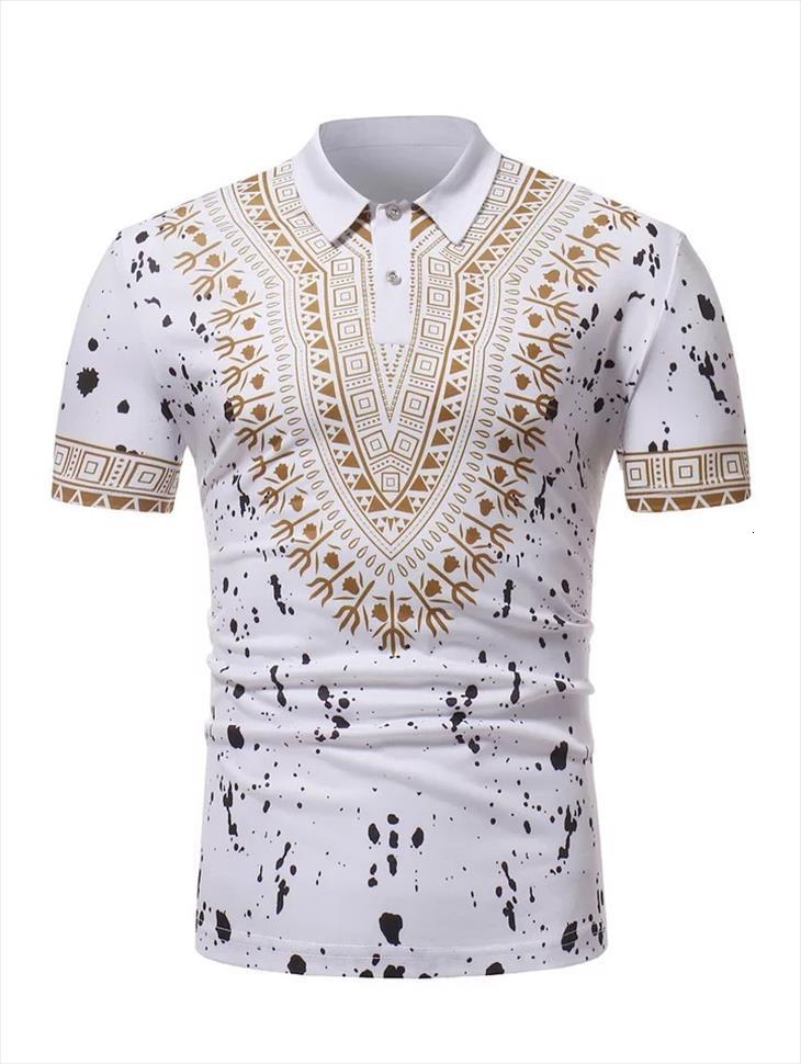 

Splatter Paint African Dashiki Mens Polo Print Shirt Short Sleeves Slim Fit Tops Dot Spot Boho Fashion For Men, White