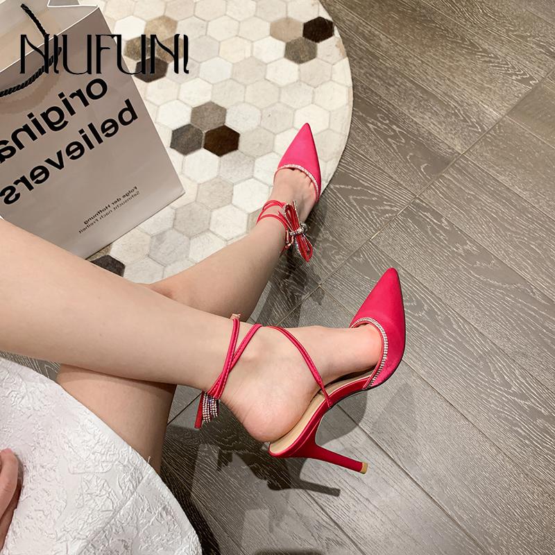 

NIUFUNI Rhinestone Sequins Bow Sandals Sardinia Small Pointed Toe Ultra-fine High-heeled Women's Sandals Wedding Women's Shoes, Rosy red