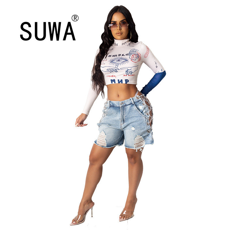 

Chic Letter Tie Dye Women Casual Summer T Shirt Fashion Patchwork O Neck Long Sleeve Crop Top Female Blouse 210525, White