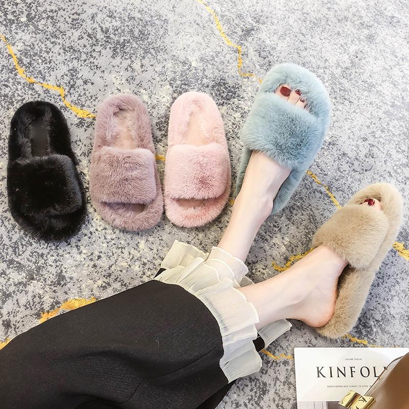 

Loafers Fur Shoes Woman's Slippers Shallow Slides Low Flock Plush 2021 Massage Flat Fabric Autumn Basic Rubber PU Low Loafers Sh