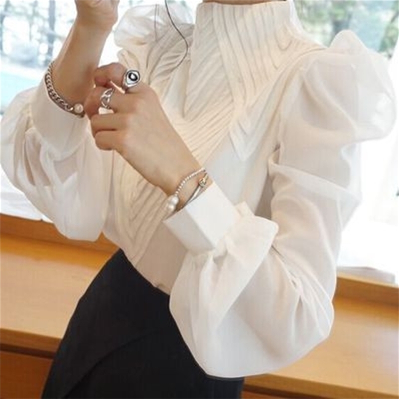 

spring autumn Women puff Sleeve Stand Collar Chiffon Blouses office Ladies tops shirt plus size 2XL! 210719, White