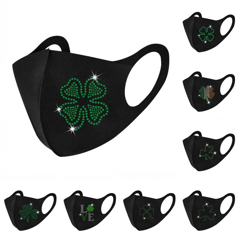 

Irish Rhinestone Face Masks Windproof Dustproof Washable Mouth Cover Adult Fashion Mask Green Shamrock St Patrick's Day Kimter-C566FZ, Black