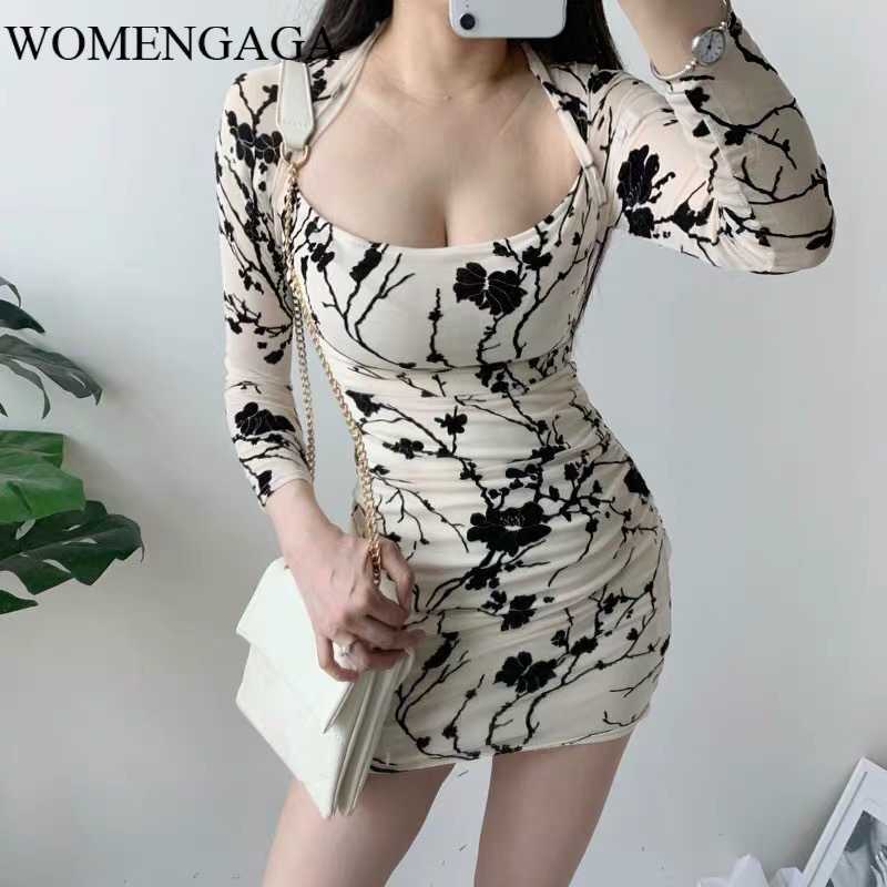 

Flower pattern sexy Low neckline dres's autumn and winter long sleeve fashionable slim waist package hip U6B9 210603, Beige