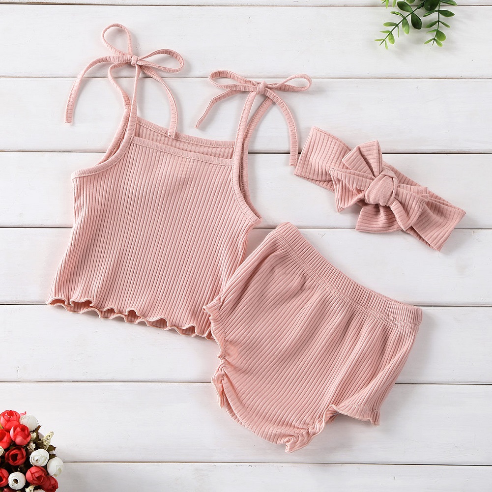 

Baby Girl Clothes Summer Clothing Girls Knitted Ruffle Vest Newborn Top Shorts Headband Kids Ribbed Casual Outfit Kids 3Pcs Set, Default color