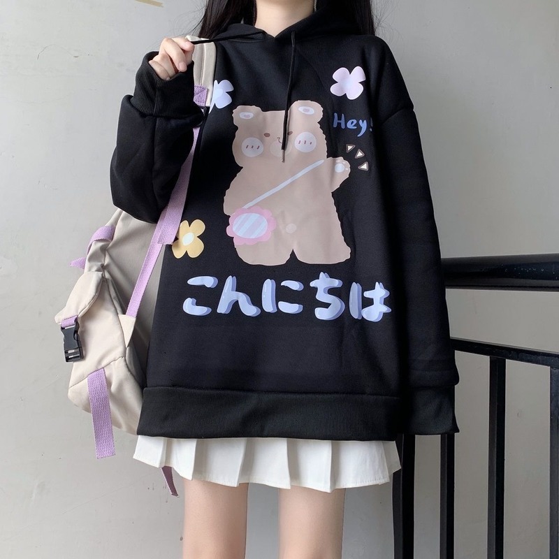 

2021 New Deeptown Kawaii Feminino Outono Inverno Moda Moletom Bonito Manga Longa Pulver Casual Plus Veludo Hoodies 8awi, Black