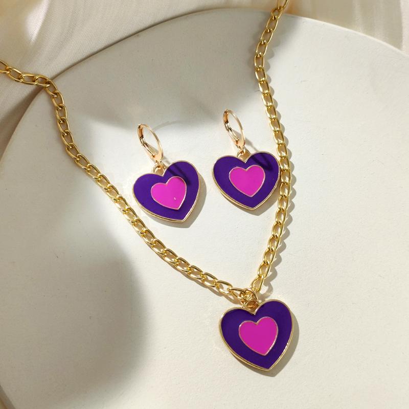 

Earrings & Necklace Colorful Love Heart Pendant Earring Set For Women Drip Oil Gold Color Clavicle Chain Wedding Jewelry, Silver