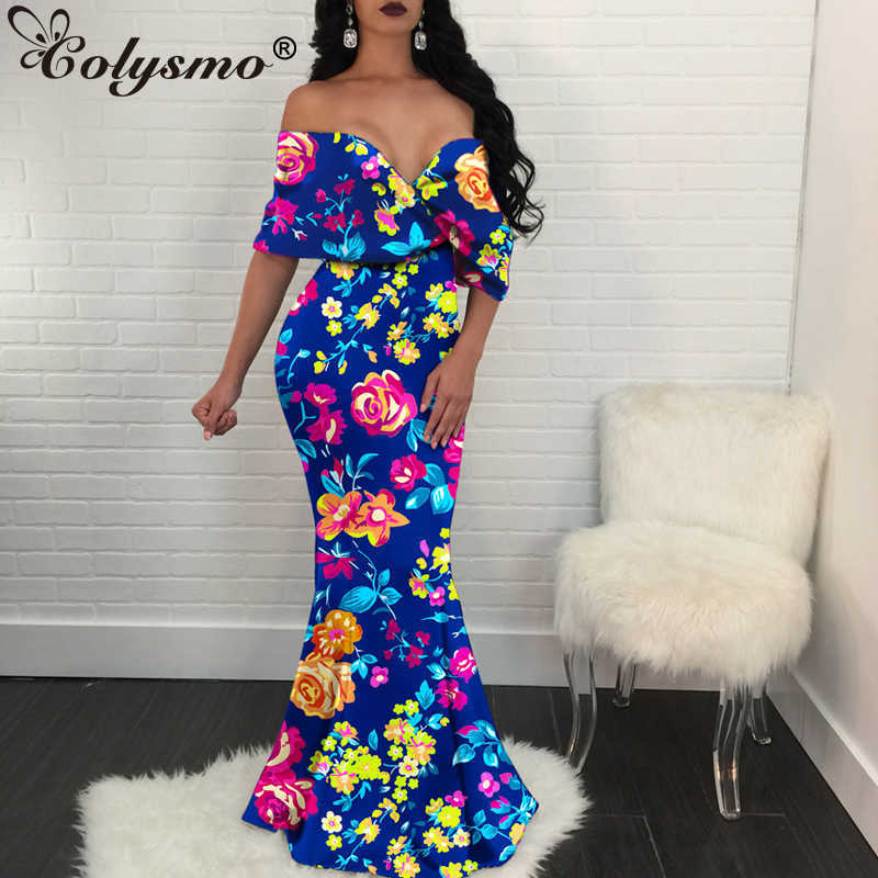 

Colysmo Maxi Summer Dress Women Floral Print Sexy Off Shoulder Backless Long Casual Beach Party Wear Boho 210527, Blue
