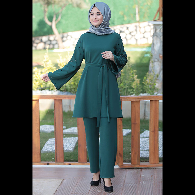 

Eid Two Piece Muslim Sets Abaya Women Turkey Lace-up Hijab Dress Caftan Moroccan Kaftan Islam Clothing Abayas, White