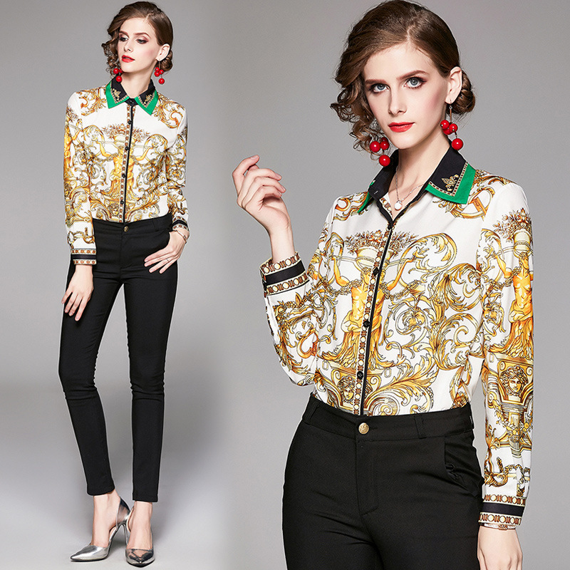 

Luxury Fashion Baroque Printed Shirts Runway Elegant Women's Designer Blouses Office Ladies Casual Shirt Quality Spring Autumn Long Sle, White