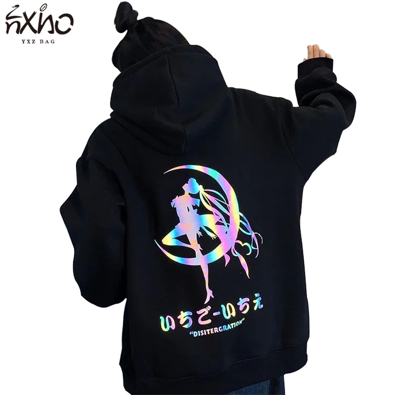 

Women Hooded Sailor-Moon Reflective Fashion Cartoon Loose Long-Sleeves Female Clothing Casual Japanese Pullover Hoodies 210813, Black