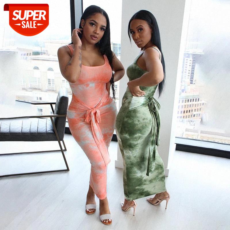 

2020 Summer Sleeveless Tie Dye Print Sexy Maxi Dress Women Fashion Belt Bandage Bodycon Streewear Outfits Sheath Long Sundress #vt2m, Black;gray