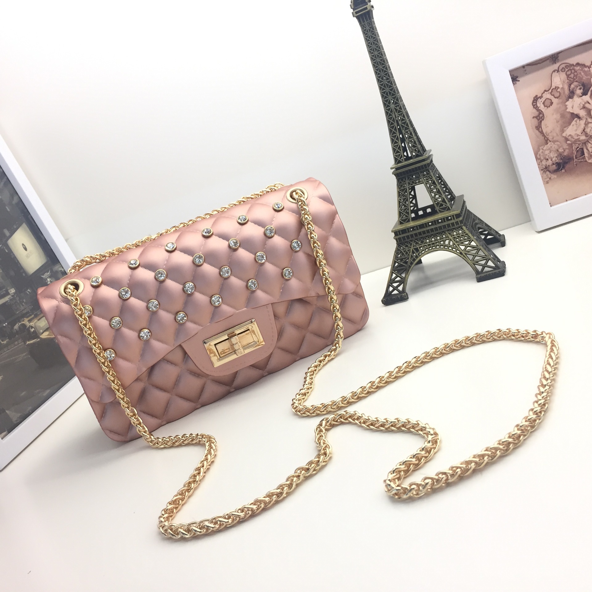 

Women's bag chain new jelly straddle single shoulder bag small Xiangling lattice diamond bag C0301
