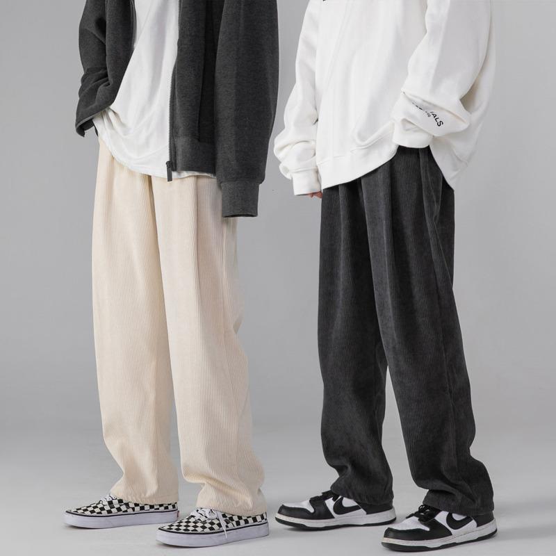 

Men's Pants Autumn Drawstring Corduroy Men Fashion Wide-leg Streetwear Loose Hip-hop Straight Mens Baggy Trousers, Black