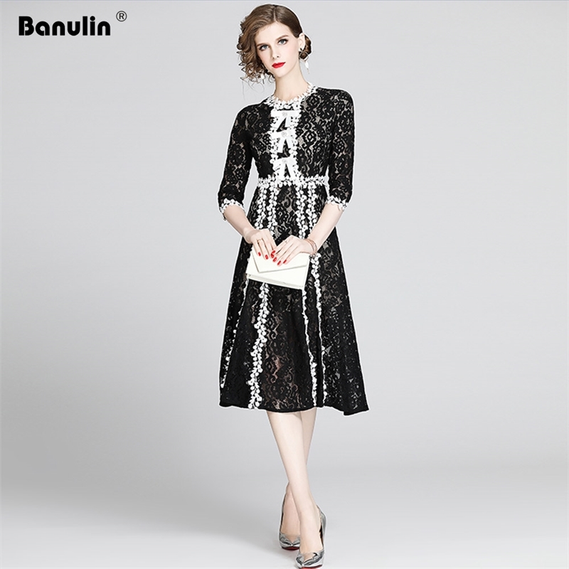 

Fashion Black White Lace Patchwork Floral Dress Women Sweet Pearls Beading Bow Crochet Hollow Out A-Line Half Sleeve 210603