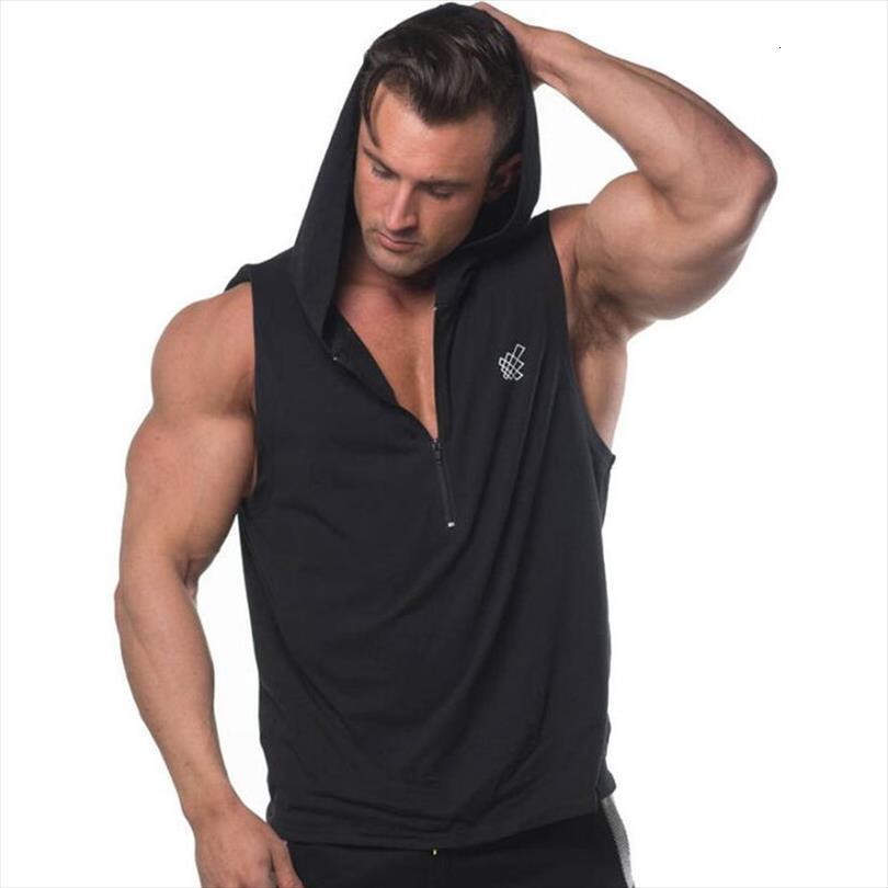 

fashion geometric pattern comfort hooded tank men sleeveless zipper collar casual fitting bodybuilding athletic vest, White;black