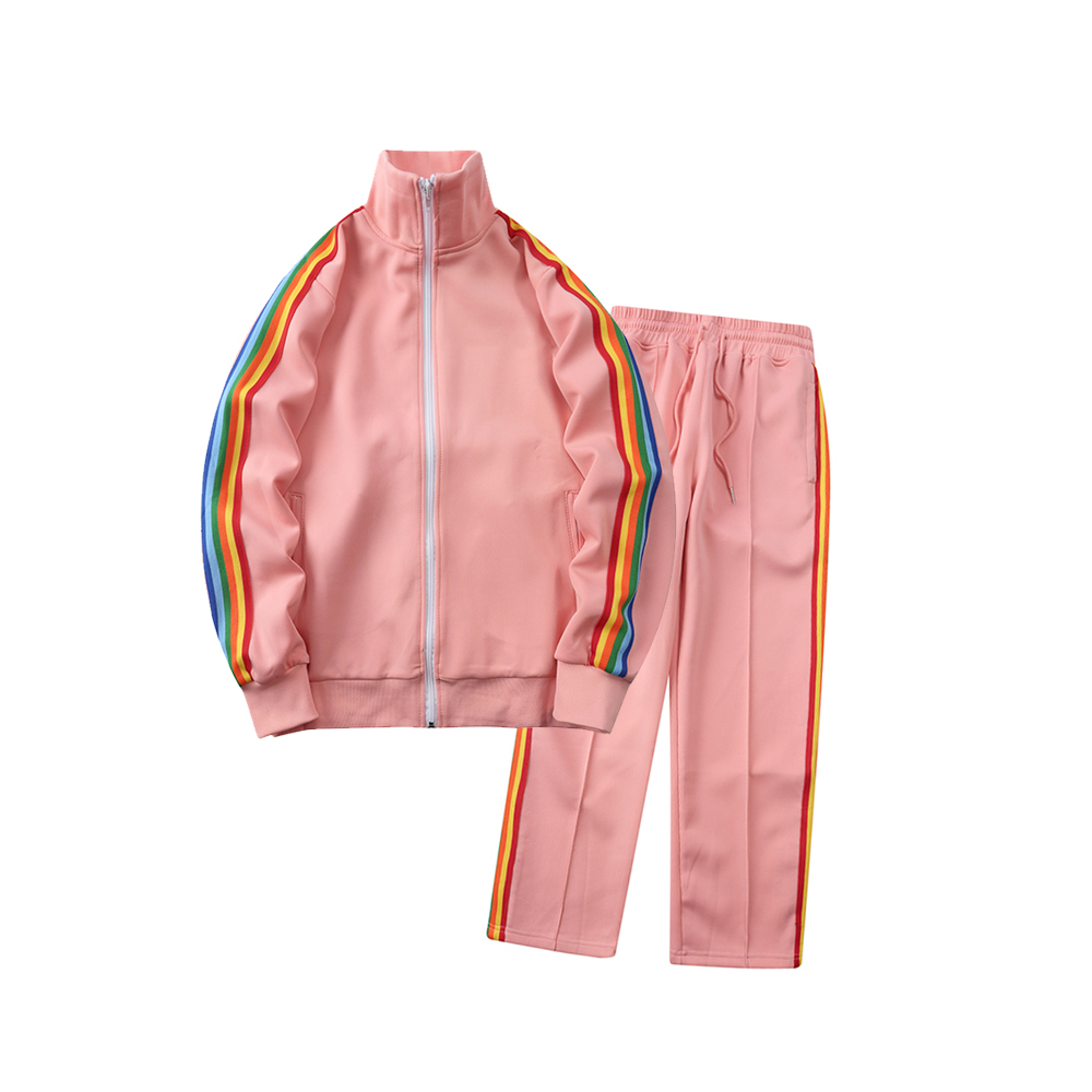

Spring and Autumn Women's Pink Tracksuits Rainbow Stripe Casual Sports Suit