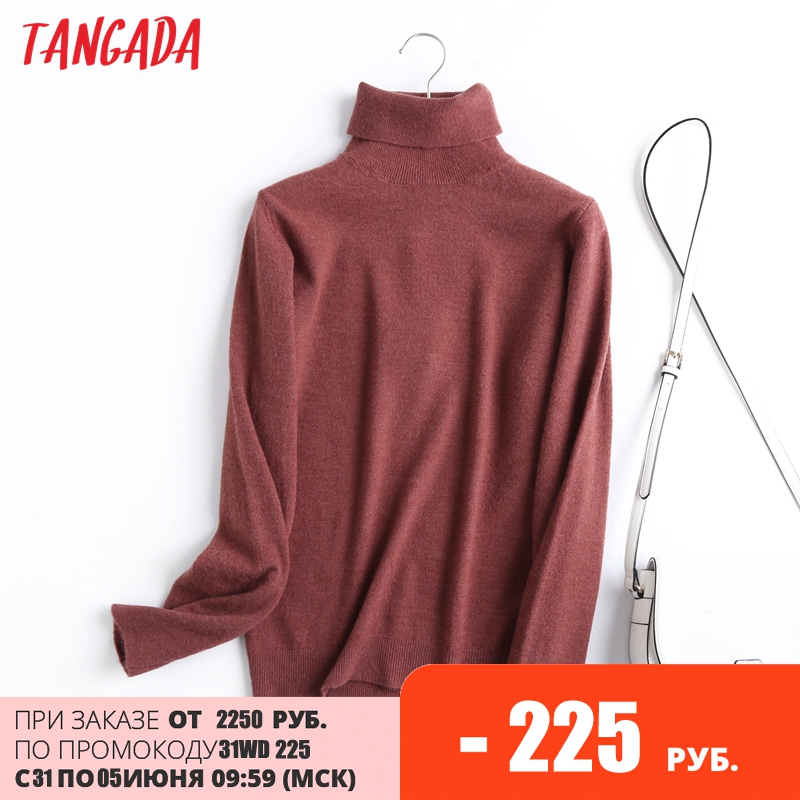 

tangada chic women 100% wool turtleneck sweater vintage office ladies thin knitted jumper 6d06, Black