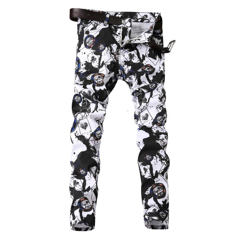 

2021 New Man Trendy Trousers Spring Summer Men's Male Stretch White Personality Printed Jeans European and American Mid-waist Pants K32n, Beige