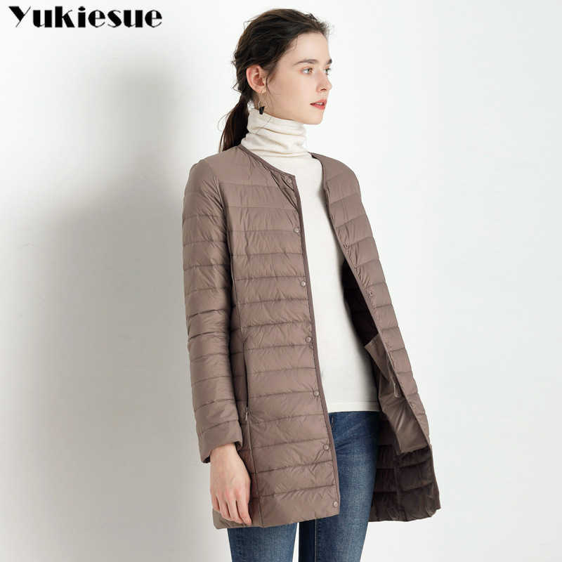 

Winter Women Down Jacket Ultra Light White Duck Long Coat Slim O-Neck Warm Inner Bottoming Garment Plus size 4xl 210608, Khaki