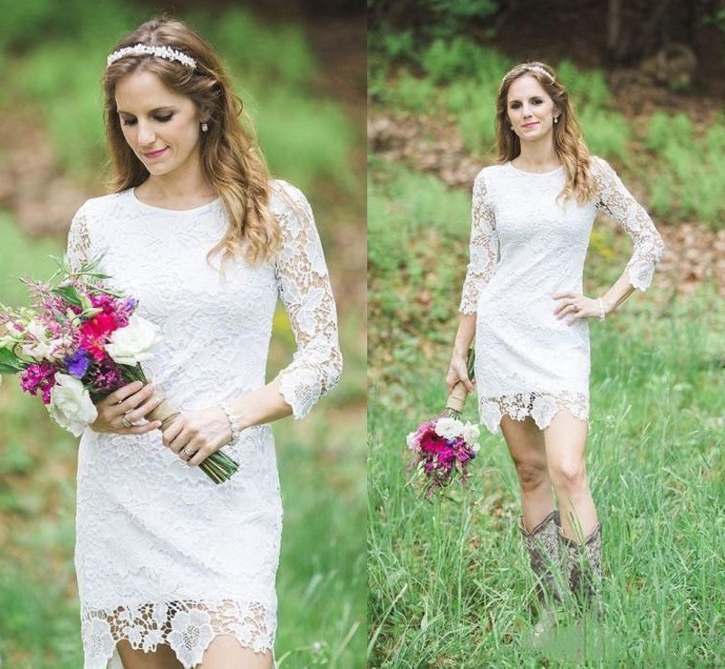 

2021 New Elegant Full Lace Short Es with Long Sleeves Knee Length Country Garden Wedding Bridal Gown Vestido De Noiva 95xm, Ivory