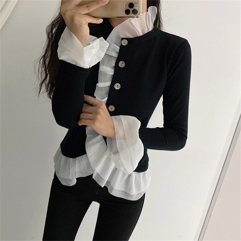

Retro Black Vintage Tops Patchwork Full-Sleeved Chic Ruffles Basewear Basic Warm Casual Tee Pullovers T-shirts 210525, Photo color