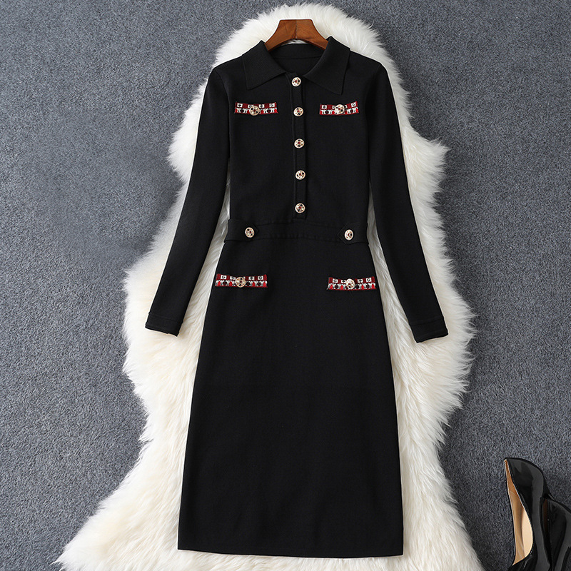 

2021 Fall Autumn Long Sleeve Lapel Neck Black Pure Color Knitted Panelled Buttons Single-Breasted Pencil Dress Elegant Casual Dresses 21G318B398