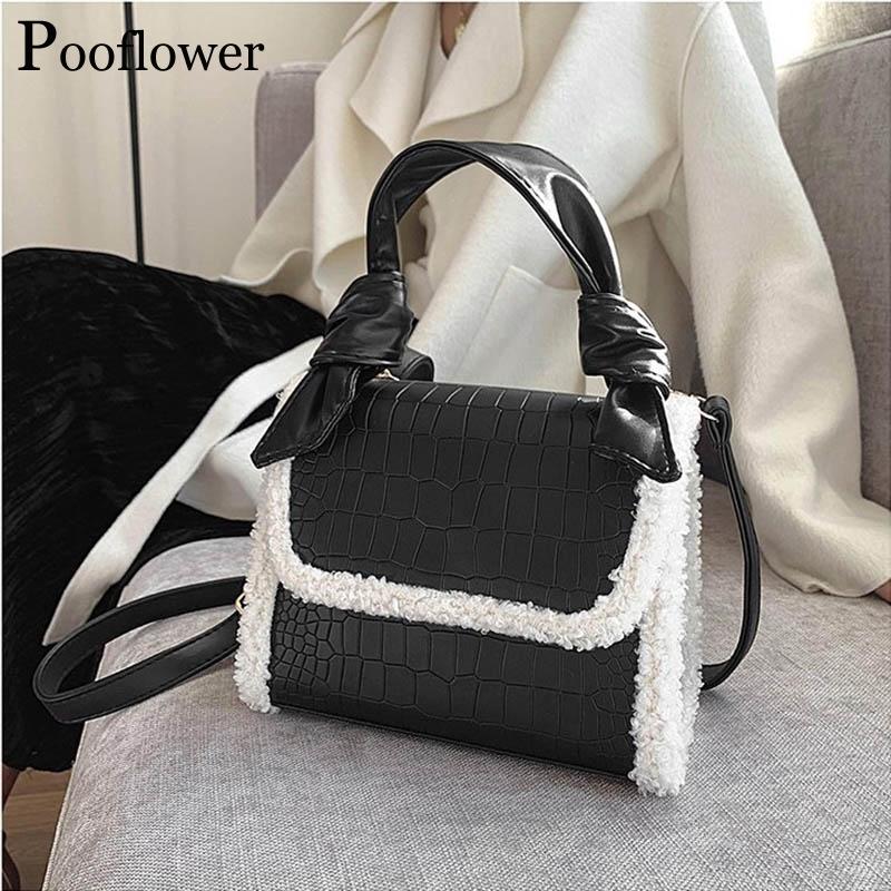 

Pooflower Vintage Stone Pattern Winter Handbag 2021 Luxury PU Leather Fluffy Shoulder Bags Women Small Furry Crossbody Bag ZH362, Black