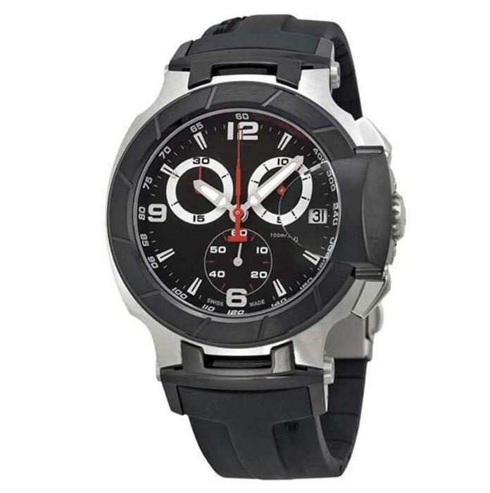 

watch quartz chronograph black dial rubber silicone belt t race folding clasp watches mens sports wristwatches, Slivery;brown