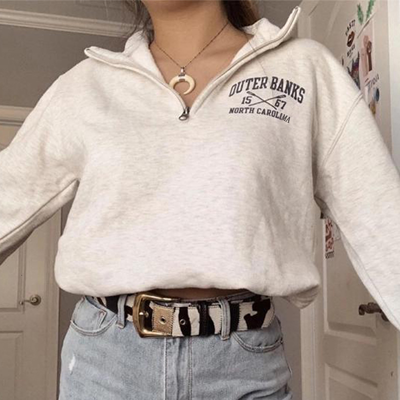 

2021 New Preppy Style Letter Print Zip Up Polo Collar Sweatshirt Women White Vintage Warm Fleece Winter Pullovers Design Fashion 9q94, Style2