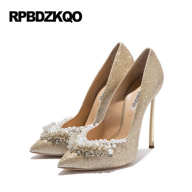 

Ladies Super Metal Gold High Heels Pointed Toe 12cm 5 Inch 11 43 Pumps Size 33 Stiletto Pearl Wedding 10 42 Ivory Bridal Shoes, Gold heel 12cm