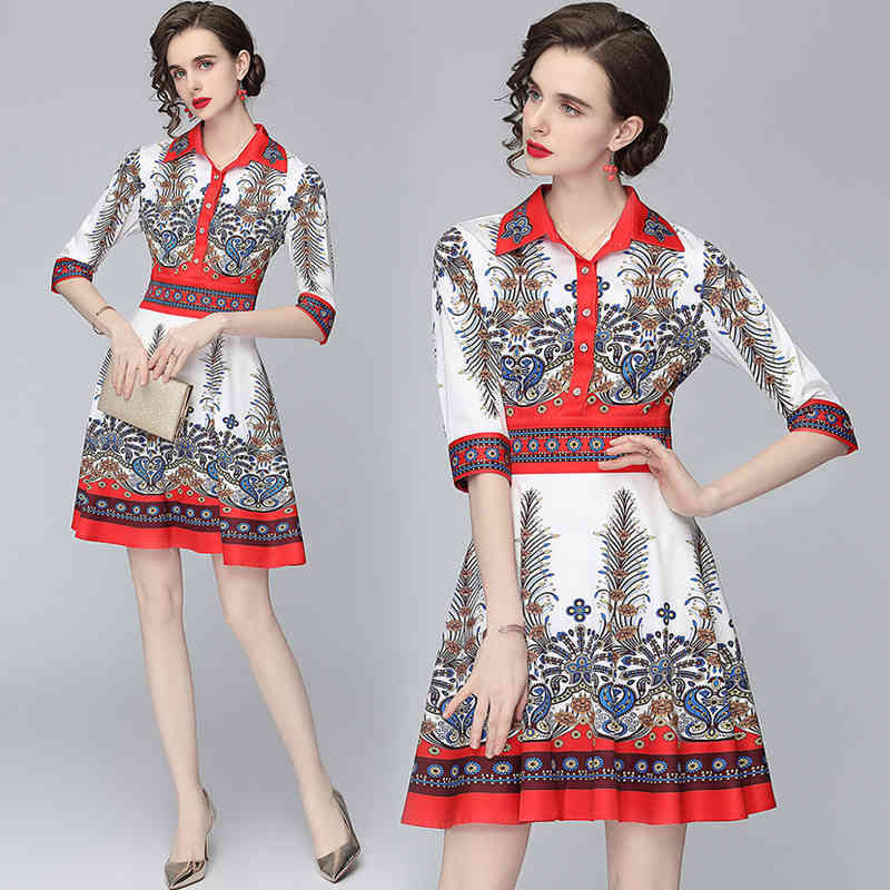 

Spring/Summer Women's Style Retro Printed Shirt French Dress Waist Was Thin, Western A-line Skirt 210525, Mixed