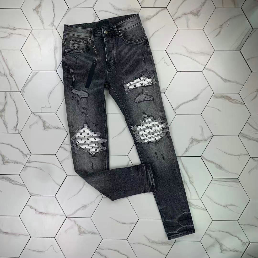 

PH387 High quality Mens jeans Distressed Motorcycle biker jean Rock Skinny Slim Ripped hole stripe Fashionable snake embroidery Denim pants, Gray