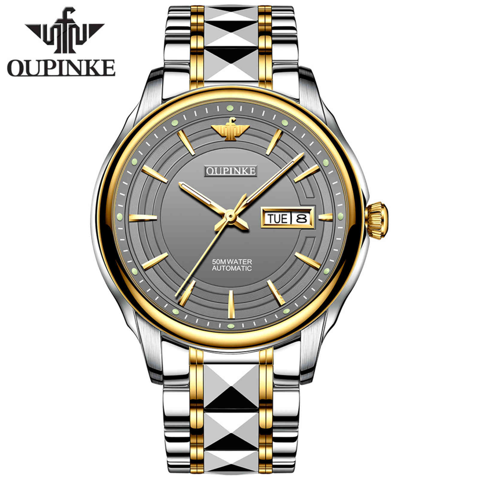 

OUPINKE Automatic Watches Men Sapphire Crystal Mechanical Swiss Luminous Stainless Steel Waterproof Luxury Business Wristwatch, Jgold white