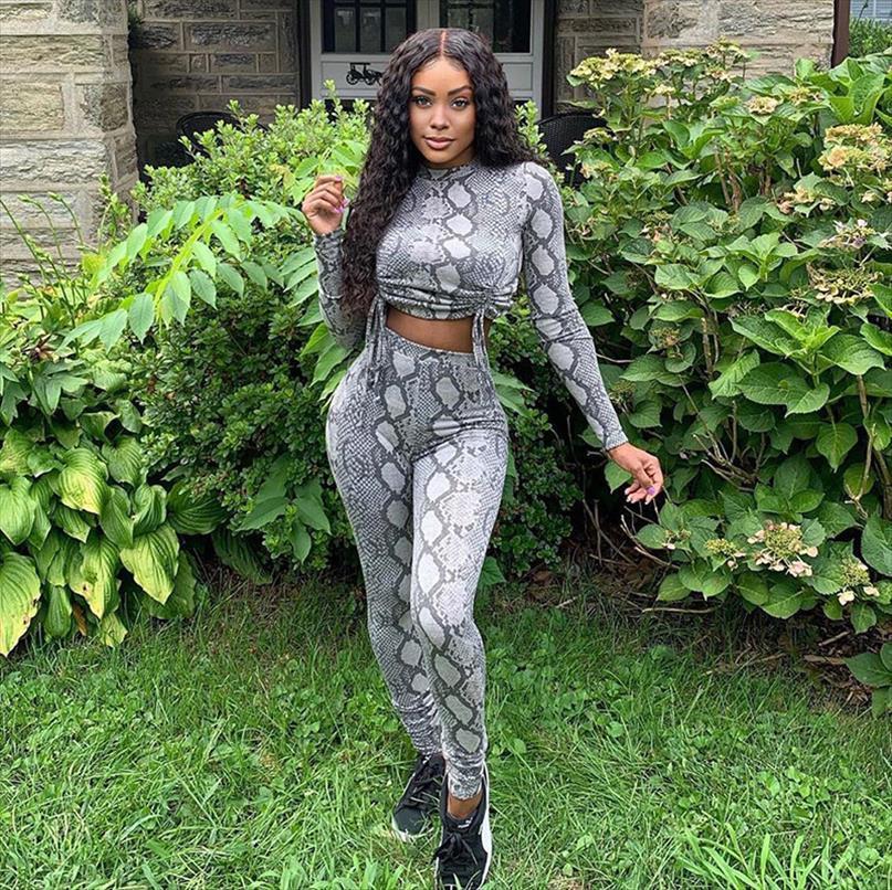 

two piece casual clothes womens pants fashion snake pattern print long sleeve drawstring and high waist trousers outfits sets, White