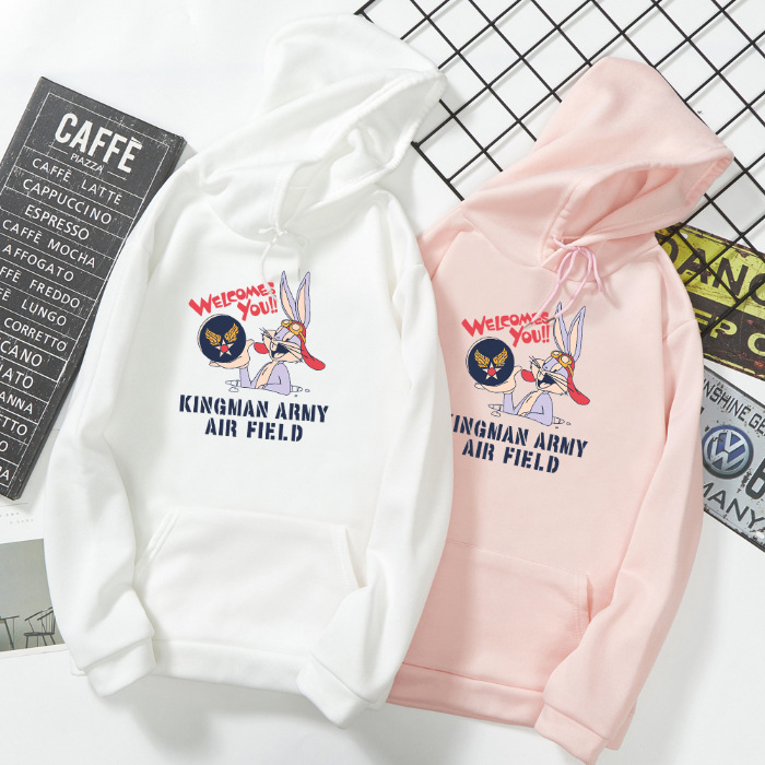 

grey rabbit printed hoodie women' autumn and winter style with fleece and thick student Korean version loose round neck hooded long sleeves large size women' dress, Beige