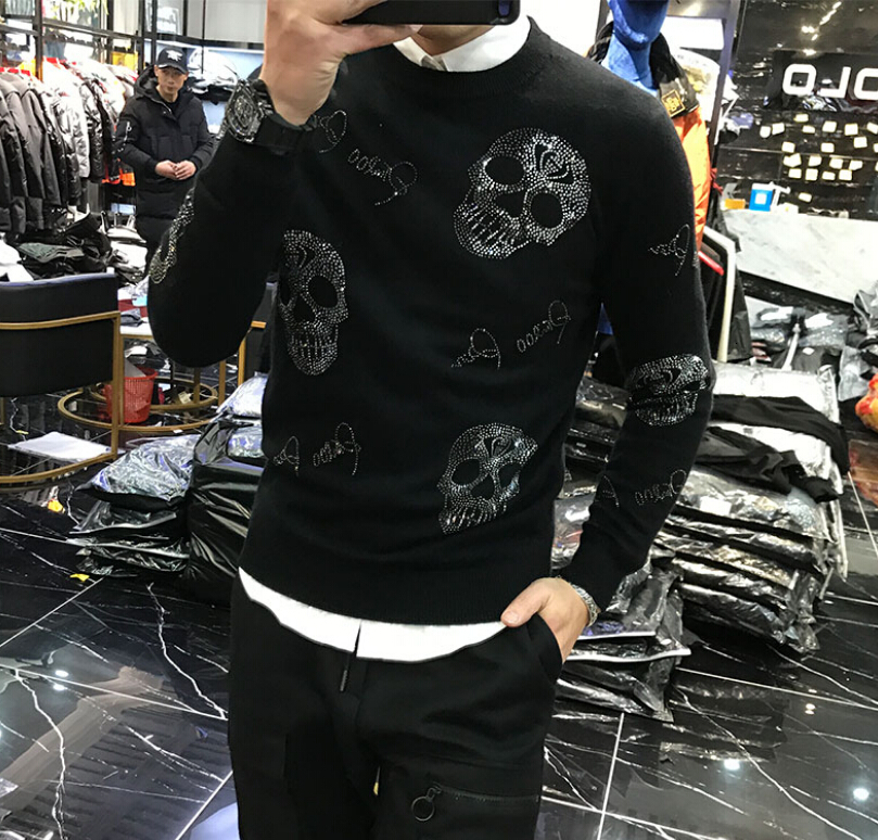 

2021 New Men's Winter Korean Style Personality Fit Fashion Brand Skull Heavy Technology Hot Drilling Sweater Man Cyhe, Black