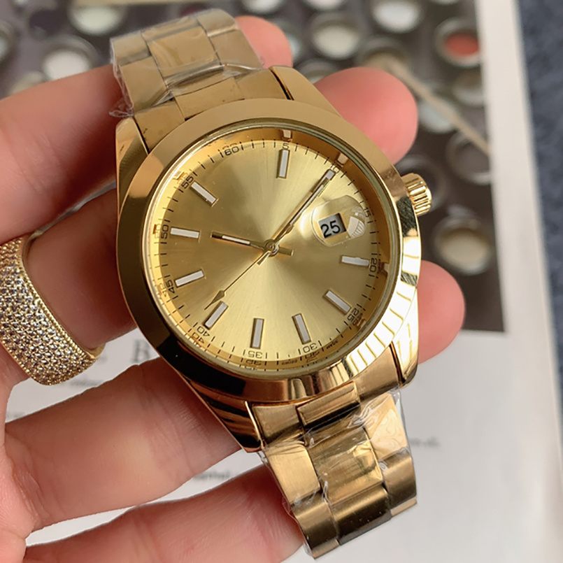 

7- Montre de luxe men automatic date gold watch all stainless steel quartz movement classic style three hands fashion designer Wristwatch, Box