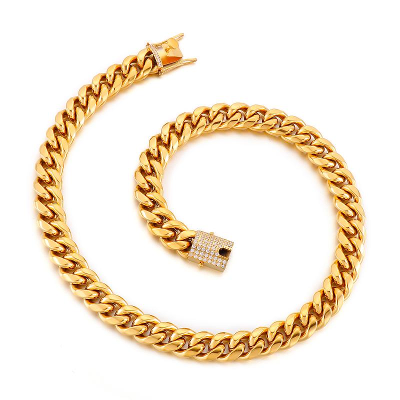 

Chains 12mm High Quality 316L Stainless Steel HipHop Rock CNC Cubic Zirconia Cuban Curb Chain Necklace, Silver