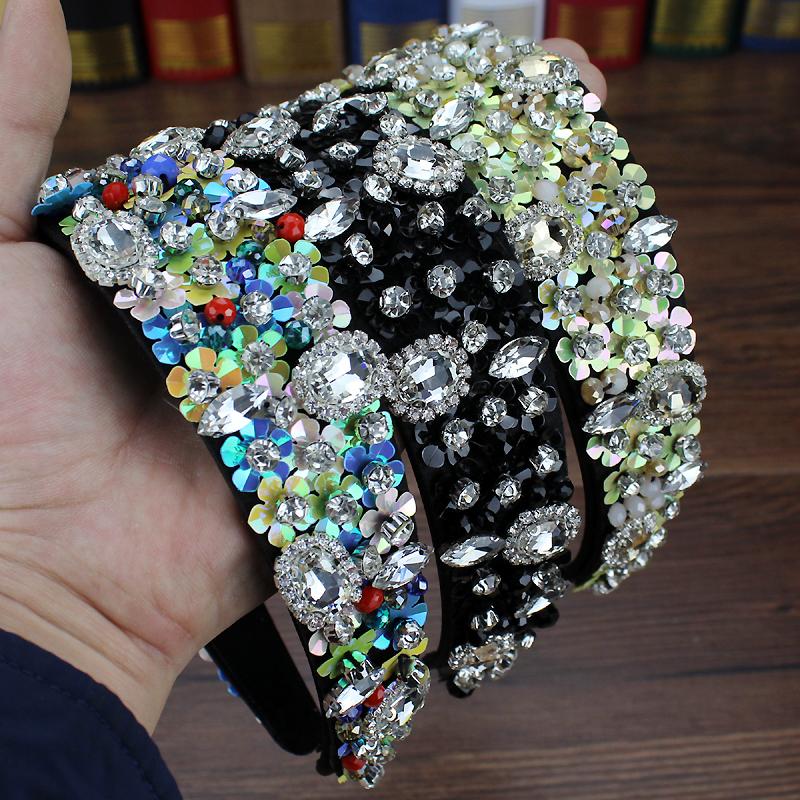 

Hair Clips & Barrettes Handmade Wide Hoop Light Green Black Crystal Sequin Headband Beaded Hairbands For Women Wedding Accessories Jewelry, Golden;silver