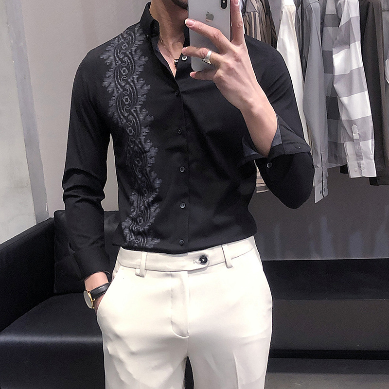 

New Plus Size 4xl-m Elegante Impresso Masculina Vestido Camisas De Manga Longa Moda 2021 Simples Magro Ajuste Festa/baile Casual Blusa Homme, Khaki