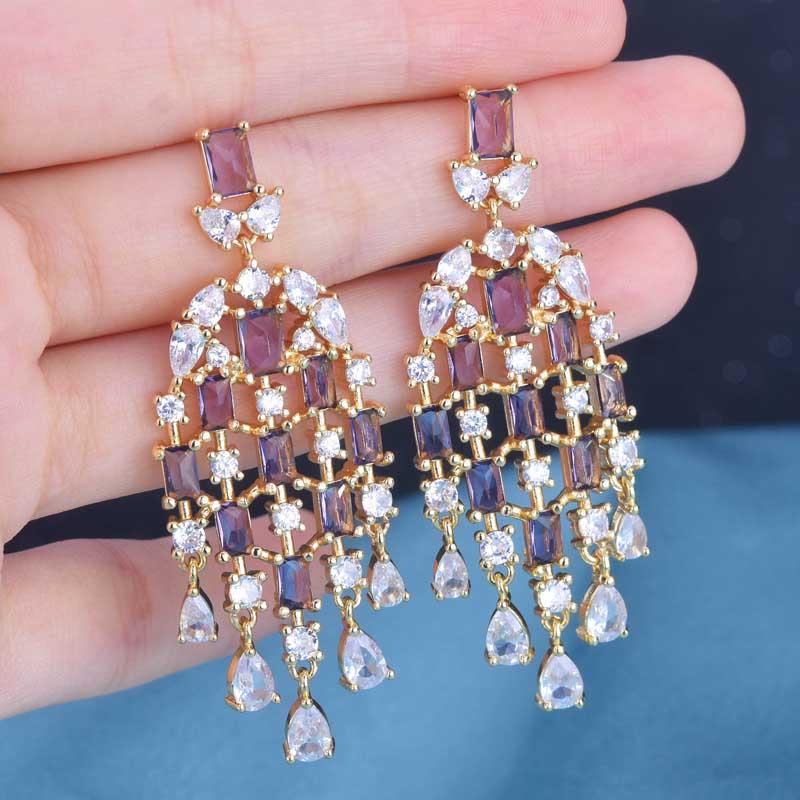

Dangle & Chandelier Fashion Exaggeration Earrings Inlay Full Purple Crystal Zircon Luxury Tassel Jewelry For Women Wedding Cocktail Party Ac, Silver