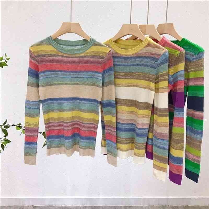 

cashmere sweaters women pullover rainbow striped knit o-neck autumn winter fashion slim jumper jersey japanese korean, White;black