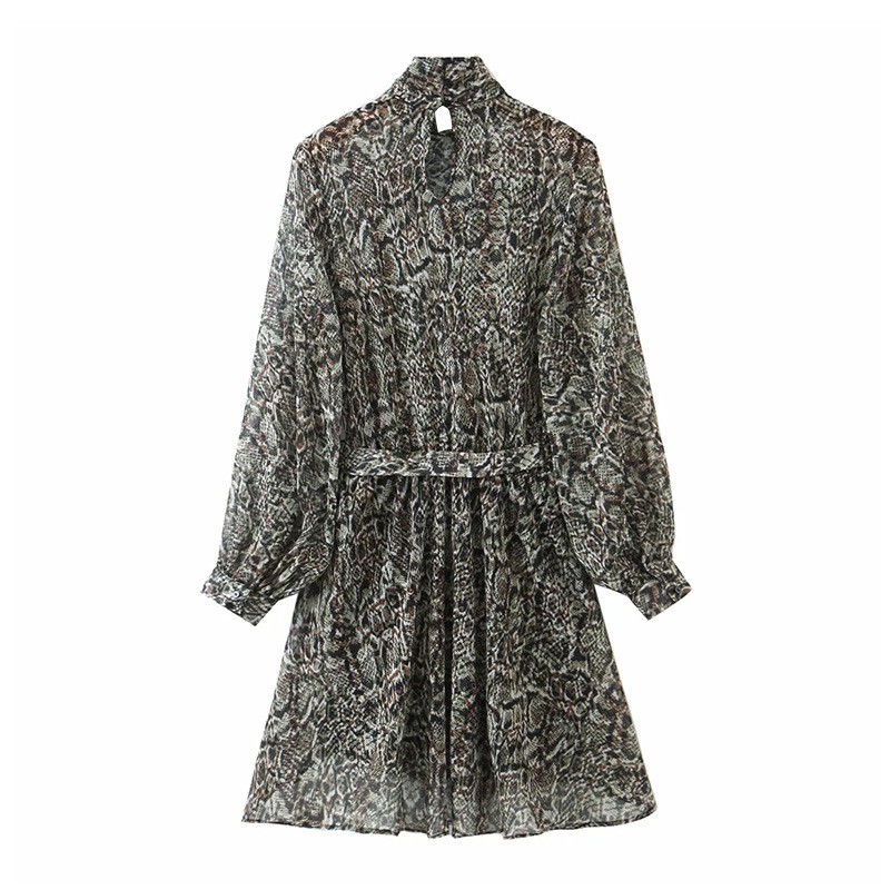 

2021 New Snake Print Mini Women Fashion Bow Tie Neck Long Sleeve with Belt Plus Size Vintage Casual Chiffon Vestido De Mujer Hktq