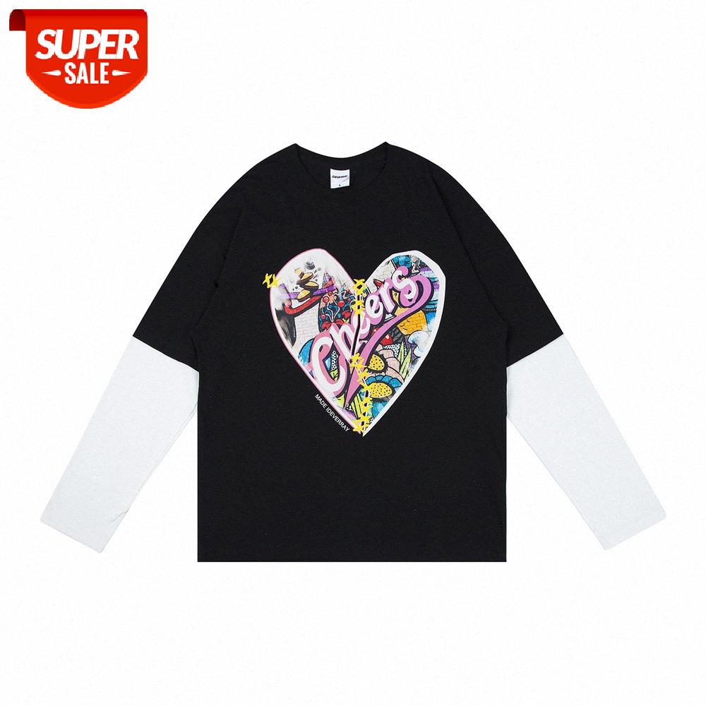 

Fun love printing fake two-piece long-sleeved t-shirt men's street flow loose round neck pullover bottoming shirt #yf3f, White;black