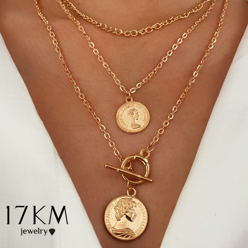 

YUTONG Bohemian Multi-layered Portrait Coin Necklace For Women Gold Geometric Round Lock Pendant Necklaces Sweater Jewelry, Silver