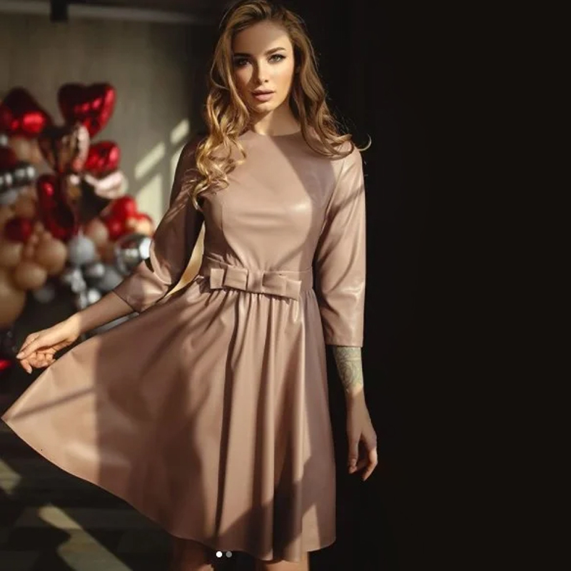 

New Women Front Bow Pu A-line Three Quarter Sleeve o Neck Solid Elegant Casual Prom 2021 Spring Fashion W9rz, As picture
