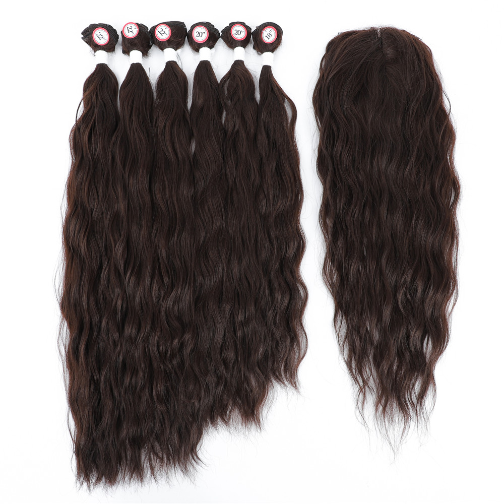 Costume Accessories Synthetic Hair Bundles with Closure 7Pcs Natural Wave Hair Weave Bundle For Women 18-22 Inch High Temperature Fiber Hair-image-749078555