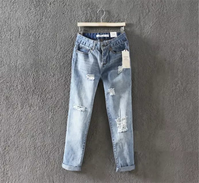 

jeans l0040 - korean women's clothing autumn and winter 2021 9-point large hole casual slim pants, Blue