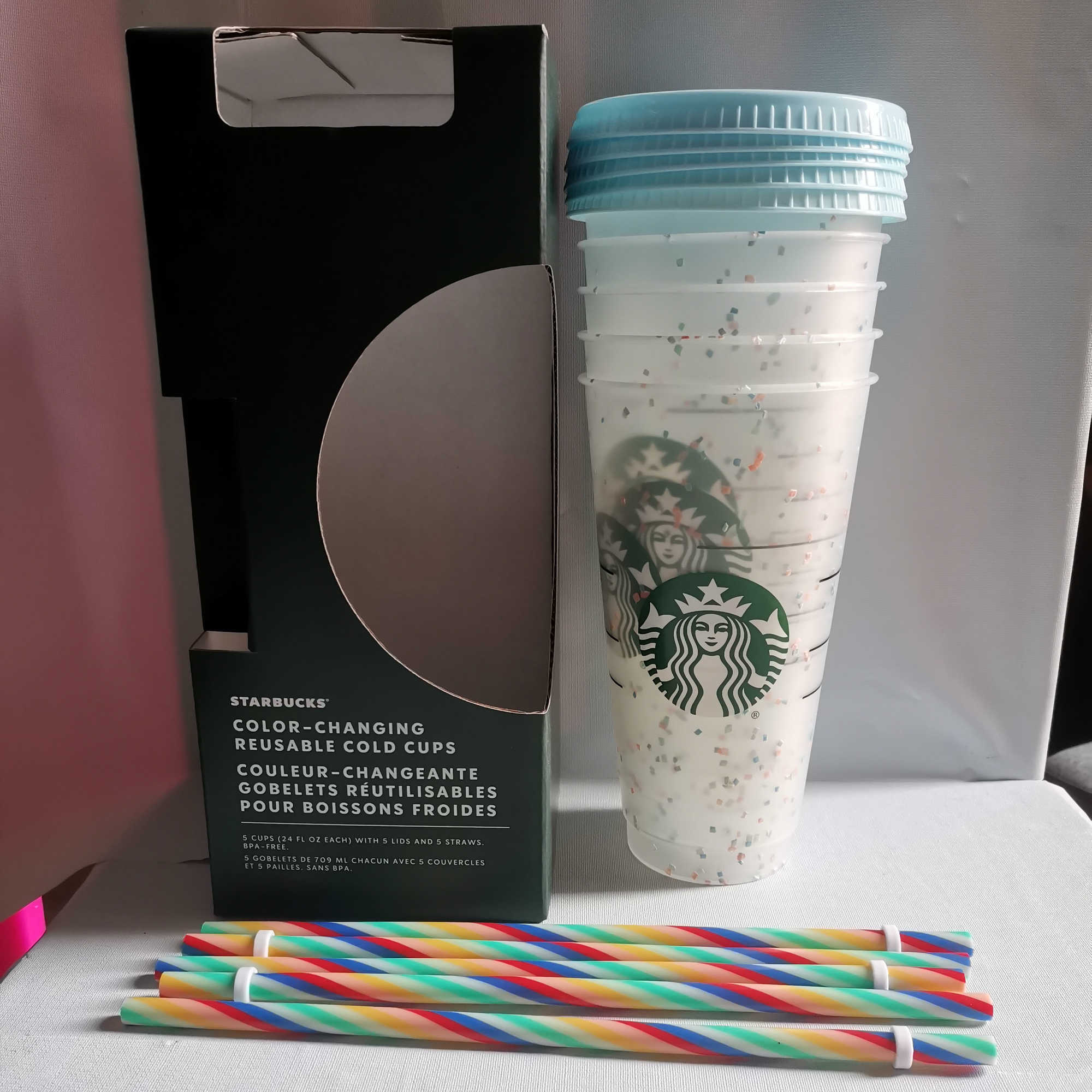 24OZ/710ml Starbucks Rainbow Plastic Cup mug Reusable Clear Drinking Tumblers Flat Bottom Cups Pillar Shape Lid Straw Mug Bardian-image-753873913